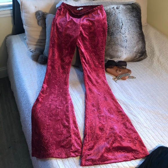 EARTHBOUND Pants & Jumpsuits Earthbound Trading Boho Floral Burgundy Velvet Bell Bottom